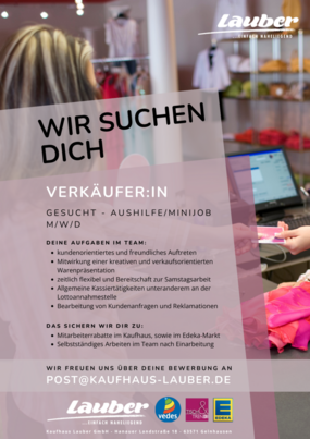 Wir suchen eine Verkäuferin Stellenbeschreibung für eine Verkäuferin in Teilzeit oder Aushilfe